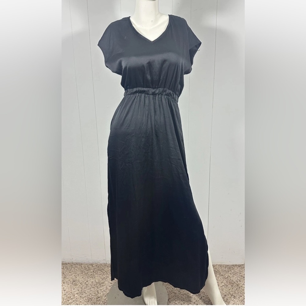 White House Black Market XXS Black Satin Front Dress Slit Side Legs Maxi Sheath